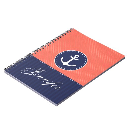 Korallenroter Muster-blauer Anker-personalisierter Notizblock (Linke Seite)