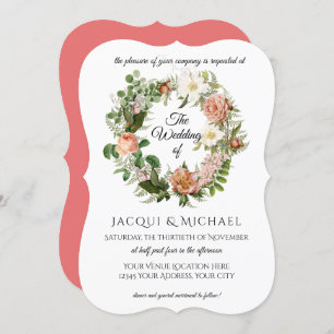 Korallenroter Pfirsich erröten Farnwreath-Hochzeit Einladung