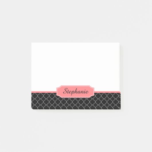 Korallenroter Pfirsich und schwarzes Quatrefoil Post-it Klebezettel (Vorderseite)