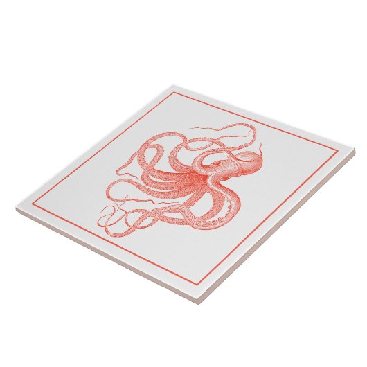 Korallenroter Vintager Nautischer Oktopus Fliese (Seite)