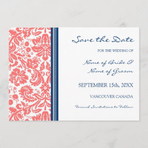 Korallenrotes Blaues Save the Date Wedding Karte