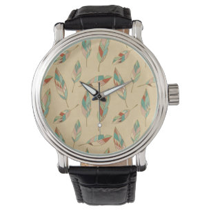 Korallenrotes Feder-Muster SüdwestGeo-Schritt- Armbanduhr