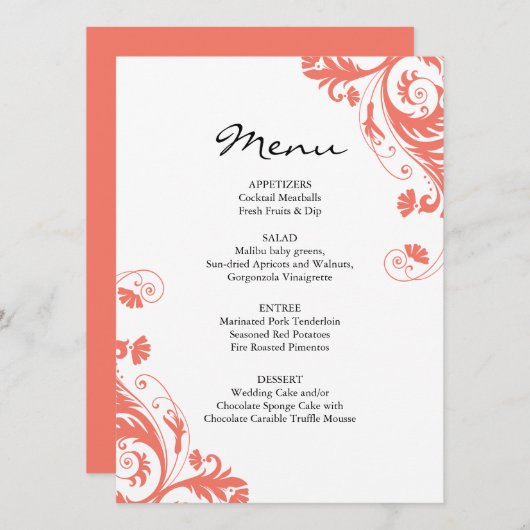 Korallenrotes Hochzeits-Menü Menükarte (Vorne/Hinten)