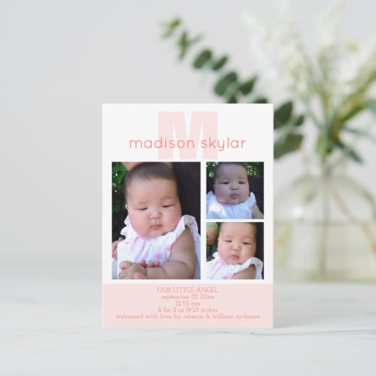 Korallenrotes modernes Monogramm-einfache 3 Ankündigungspostkarte (Stehend Vorderseite)