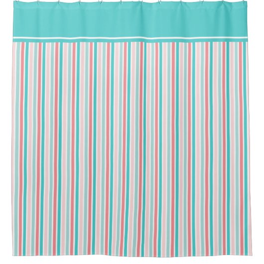 Korallenrotes Rosa-und Aqua-Streifen-Muster Duschvorhang (Vorderseite)