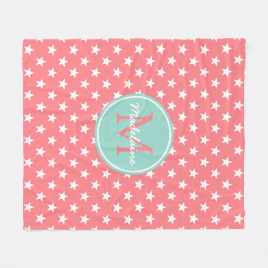 Korallenrotes rosa und cooles Aqua hat Monogramm Fleecedecke (Vorderseite (Horizontal))