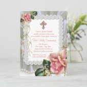 Korallenrotes Rosen-Perlen-Kreuz-erste Kommunion Einladung (Stehend Vorderseite)