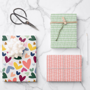Korallenrotes Sonnengelbes Grünes Herz- und Zickza Geschenkpapier Set