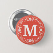 Korallenrotes weißes BlumenKranz-Monogramm Button (Vorne & Hinten)