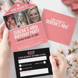 Korallenschwarz drei Fotos 40. Geburtstag Party All In One Einladung