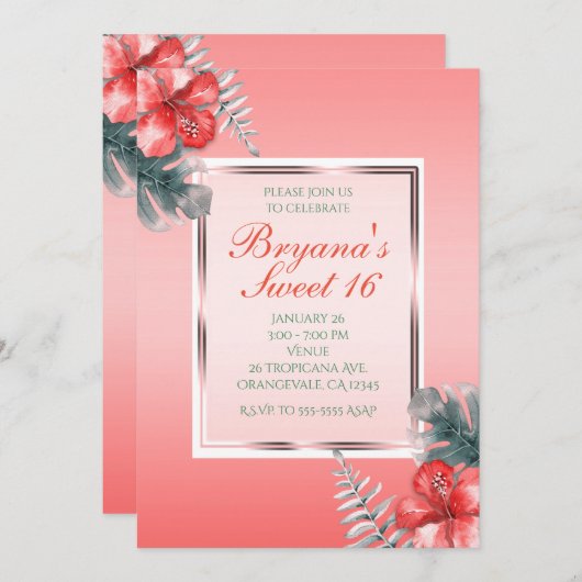 Korallentropischer Hibiskus und Blätter Party Einl Einladung (Vorne/Hinten)