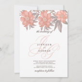 Korallenweiche, graue Monogramm-Initialen Blumenho Einladung (Vorderseite)