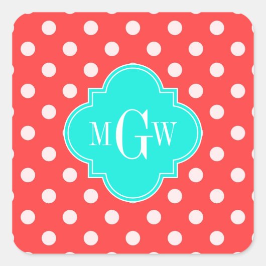 Korallenweiße Punkte Brt Aqua Quatrefolie 3 Monogr Quadratischer Aufkleber (Vorderseite)