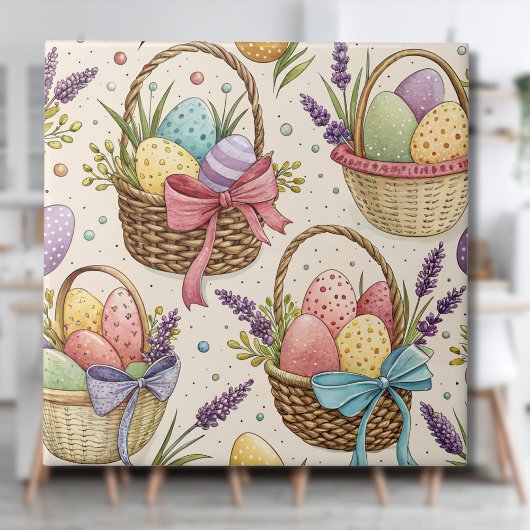 Korb aus Weidengeflecht mit Lavendel-Oster-Eiern Fliese