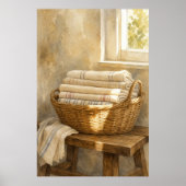 Korb aus Weidengeflecht mit Wäsche Wasserfarbenpos Poster (Vorne)