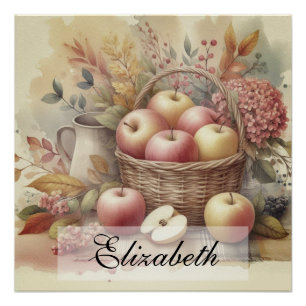 Korb mit Äpfeln auf Tisch Vintage-Aquarell Poster