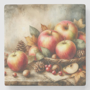 Korb mit Äpfeln auf Tisch Vintage-Aquarell Steinuntersetzer