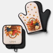 Korb mit Äpfeln und Blätter im Herbst Ofenhandschuh & Topflappen-Set (Vorderseite/Rückseite)