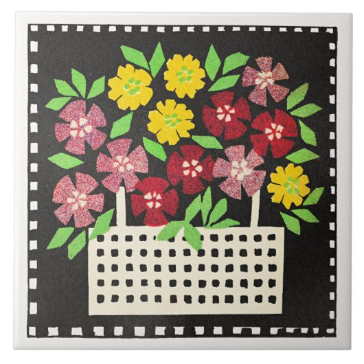Korb mit Blumen, rot und gelb, Fliese (Vorderseite)
