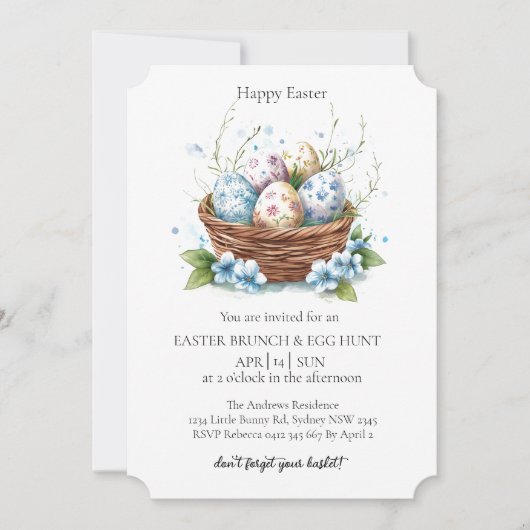 Korb mit dekorativen Eiern und Eierjagd 2 Einladung (Vorderseite)