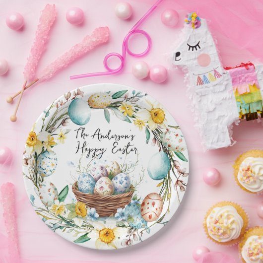 Korb mit Eiern und blumengeschmückten Ostern Pappteller (Party)