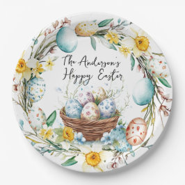 Korb mit Eiern und blumengeschmückten Ostern Pappteller