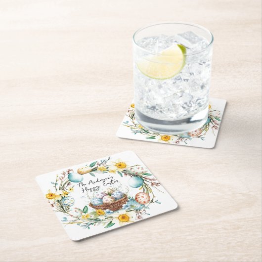 Korb mit Eiern und blumengeschmückten Ostern Rechteckiger Pappuntersetzer (Vor Ort)