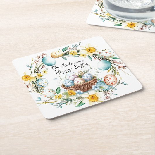 Korb mit Eiern und blumengeschmückten Ostern Rechteckiger Pappuntersetzer (angewinkelt)
