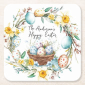 Korb mit Eiern und blumengeschmückten Ostern Rechteckiger Pappuntersetzer (Vorderseite)