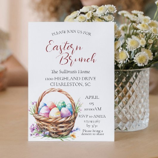 Korb mit Eiern und Osterbrunch Einladung