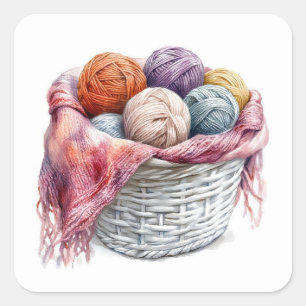 Korb mit Garn Wolle Stricken Häkeln  Quadratischer Aufkleber