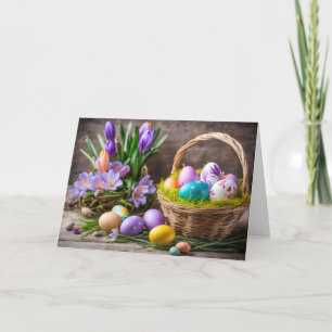 Korb mit Osterlackierten Eiern, Krokus-Blume Feiertagskarte