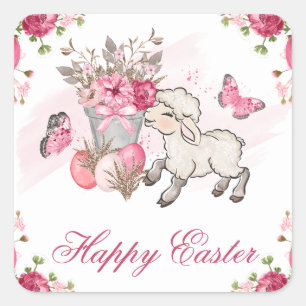 Korb mit rosa Blumen und süßem Lamm Frohe Ostern Quadratischer Aufkleber