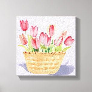 Korb mit Tulpen   Florale Aquarellmalerei Leinwanddruck