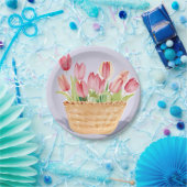 Korb mit Tulpen | Florale Aquarellmalerei Pappteller (Party)