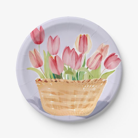 Korb mit Tulpen | Florale Aquarellmalerei Pappteller (Vorderseite)