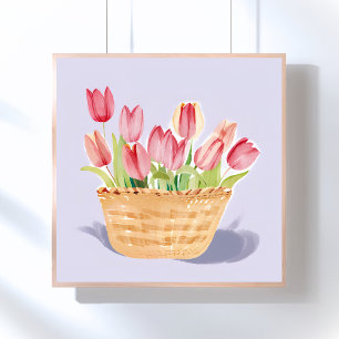 Korb mit Tulpen   Florale Aquarellmalerei Poster