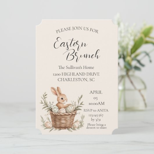 Körbe mit Eiern um den alten Stuhl Osterbrunch Einladung (Stehend Vorderseite)