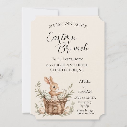 Körbe mit Eiern um den alten Stuhl Osterbrunch Einladung (Vorderseite)