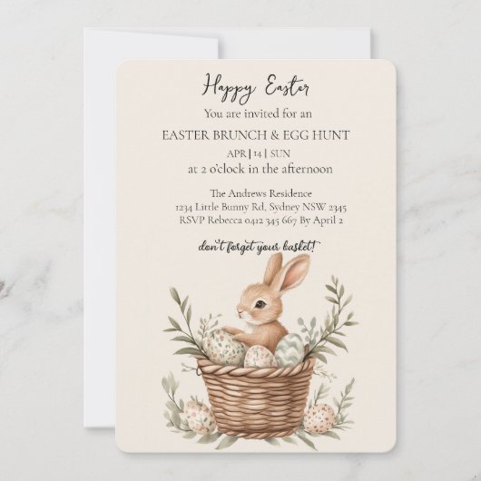 Körbe mit Eiern um den alten Stuhl und Eierjagd Einladung (Vorderseite)