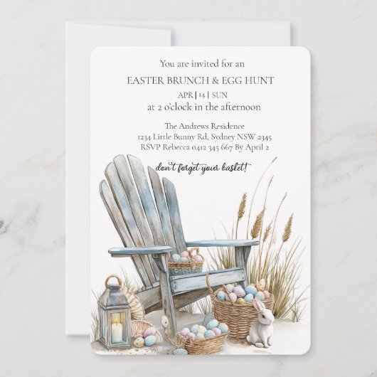Körbe mit Eiern um den alten Stuhl und Eierjagd Einladung (Vorderseite)