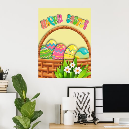 Körbe mit farbigen Ostereiern | Frohe Ostermauer Poster (Heimbüro)
