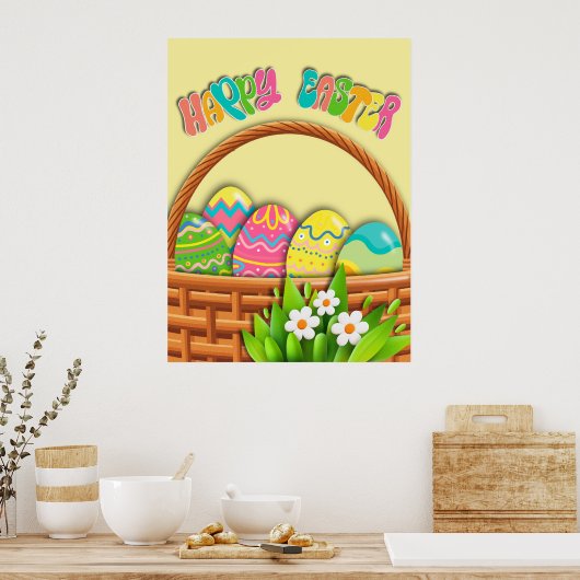Körbe mit farbigen Ostereiern | Frohe Ostermauer Poster (Küche)