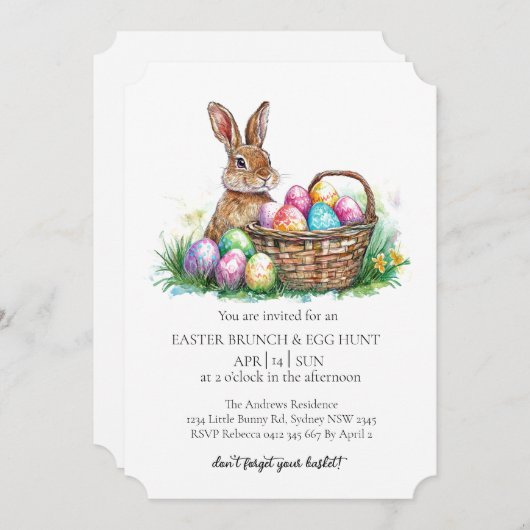 Korbhase mit dekorativen Eiern und Eierjagd Einladung (Vorne/Hinten)