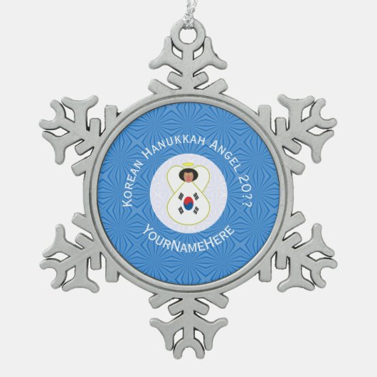 Koreanisch (Süd) Angel Hanukkah Flag Personalisier Schneeflocken Zinn-Ornament (Vorderseite)