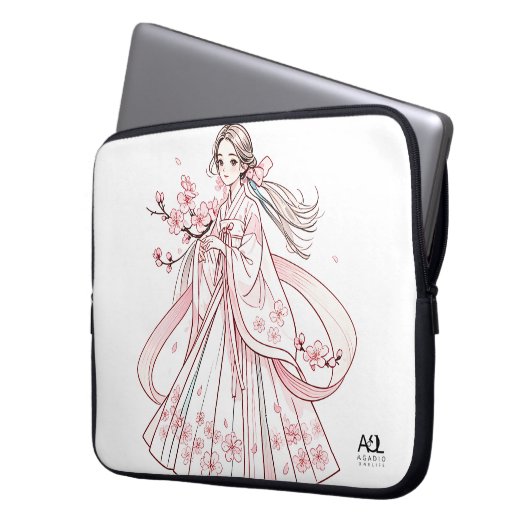 Koreanische Frau in Hanbok mit Cherry Electronics Laptopschutzhülle (Vorderseite Links)