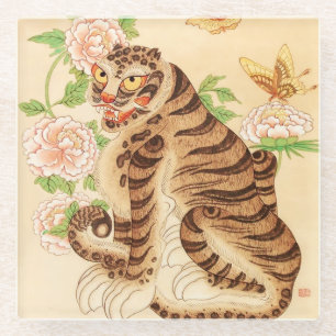 Koreanischer gestreifter Tiger Vintage Minhwa Glasuntersetzer