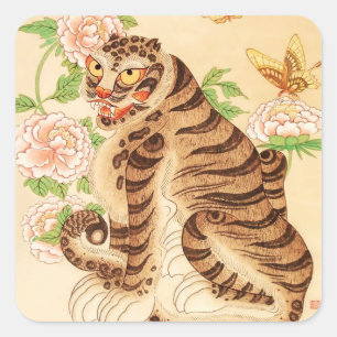 Koreanischer gestreifter Tiger Vintage Minhwa Quadratischer Aufkleber