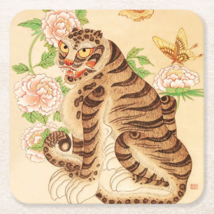 Koreanischer gestreifter Tiger Vintage Minhwa Rechteckiger Pappuntersetzer