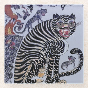 Koreanischer Tiger Minhwa mit drei Jungen Glasuntersetzer